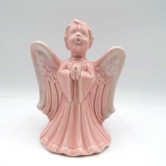 Vintage Wall Pocket Pink Ceramic Singing Angel Figurine 6" Planter Vase - Picture 1 of 10